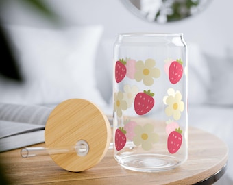 Strawberry Flower Sipper Glass, Bamboo Lid, 16oz