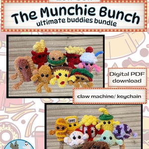 Puede incluir: Un paquete de patrones de crochet en PDF digital titulado "The Munchie Bunch" con varios peluches con temática de comida. La imagen muestra varios artículos de comida de ganchillo, incluyendo una hamburguesa, patatas fritas y una magdalena. El patrón es para principiantes avanzados y está diseñado para proyectos de baja costura.