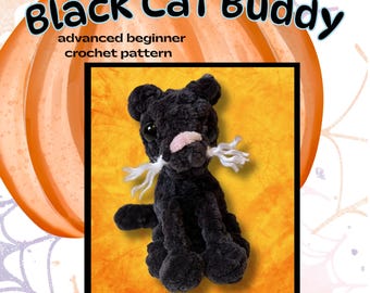 May include: A digital PDF crochet pattern for a No Sew Black Cat Buddy, featuring an advanced beginner skill level. The image displays a small, black, plush-textured cat with a pink nose and white whiskers, set against a large orange pumpkin.