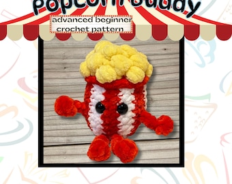 May include: A crocheted popcorn buddy with red, white, and yellow yarn. The plush toy has black eyes and red arms and feet. Text on the image reads "Low Sew Popcorn Buddy" and "Digital PDF download".