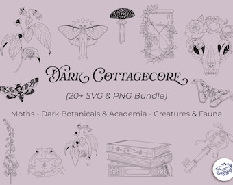 Dark Cottagecore Clipart Bundle – Gothic Floral Botanicals, Witchy Moths, Academia Illustrations (SVG, PNG)
