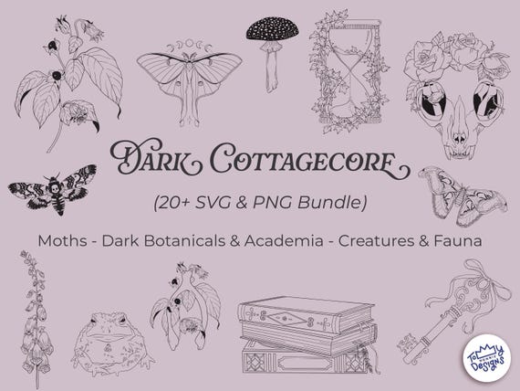 Dark Cottagecore Clipart Bundle – Gothic Floral Botanicals, Witchy Moths, Academia Illustrations (SVG, PNG)