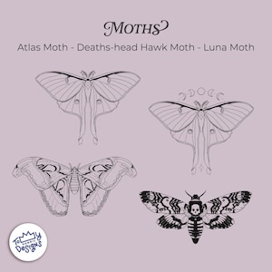 May include: A digital illustration featuring four detailed moth designs in black and white. The image includes an Atlas Moth, a Deaths-head Hawk Moth, and a Luna Moth, with the word "MOTHS" at the top. The background is a soft lavender color.