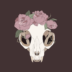 May include: Illustration of a cat skull adorned with pink roses and green leaves. The skull is off-white, with dark eye sockets and a detailed jawline. The background is a muted brown.