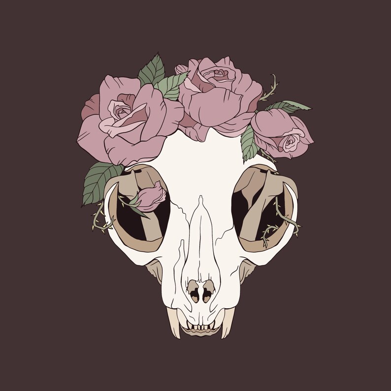 May include: Illustration of a cat skull adorned with pink roses and green leaves. The skull is off-white, with dark eye sockets and a detailed jawline. The background is a muted brown.