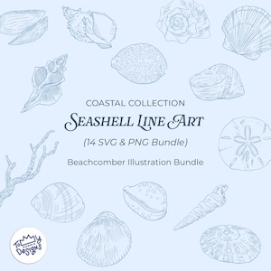 May include: A light blue graphic featuring various seashell illustrations in a line art style. The text reads "Coastal Collection Seashell Line Art (14 SVG & PNG Bundle) Beachcomber Illustration Bundle" and includes a logo.
