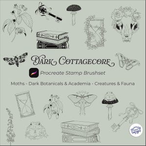 May include: A selection of black and white illustrations with a dark cottagecore theme. The image features a moth, hourglass, books, mushroom, key, and skull. Text reads "Dark Cottagecore Procreate Stamp Brushset" and "Moths - Dark Botanicals & Academia - Creatures & Fauna."