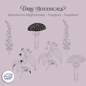 May include: Line art illustration of dark botanical elements, including belladonna, foxglove, and toadstools. The design features detailed drawings of plants and mushrooms with a vintage aesthetic, set against a muted purple background.