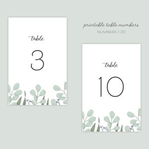 Eukalyptus Hochzeit Tischnummern 1-30, 10x15cm, Frühlingshochzeit, Sommerhochzeit, Grün, Minimal, Illustriert, Florale Tischnummern, Modern