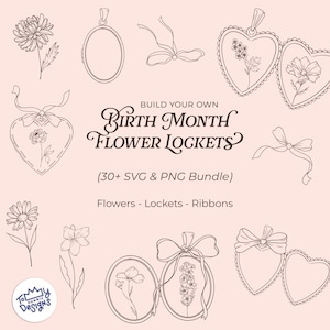 Custom Birth Month Flower Locket Clipart SVG PNG | Botanical Line Art Designs, 30+ Files