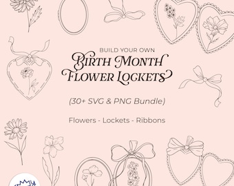 Custom Birth Month Flower Locket Clipart SVG PNG | Botanical Line Art Designs, 30+ Files