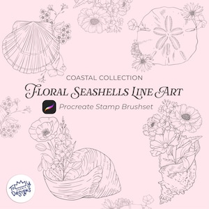 May include: A digital art illustration featuring line art of seashells and flowers. The image includes the text "Coastal Collection Floral Seashells Line Art Procreate Stamp Brushset" on a pink background. The image also includes the logo "Tommy Designs".