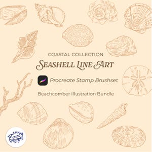 May include: A collection of seashell line art illustrations in a coastal theme. The image features various seashell designs in a sepia tone, with the text "Coastal Collection Seashell Line Art" and "Procreate Stamp Brushset".