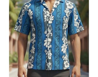 Mens Hawaiian Shirt Vintage Royal Creations Blue Floral Short Sleeve Shirt Large