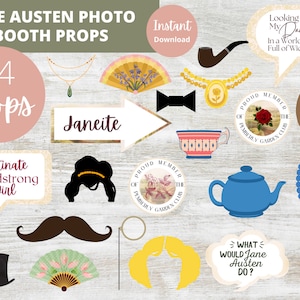 Può includere: Un set di 24 props per foto booth stampabili con illustrazioni e testo a tema Jane Austen. I props includono una tazza da tè, una teiera, un ventaglio, una collana, un papillon e fumetti con testo come "Looking for my Darcy in a world full of Wickhams" e "What would Jane Austen do?"