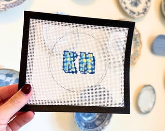 Custom Initial Gingham Needlepoint Canvas | Hand-Painted Monogram