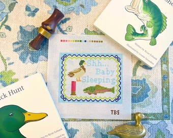 Hand-Painted Needlepoint Canvas | Mallard Duck, Trout, Shotgun Shell, Baby Decor