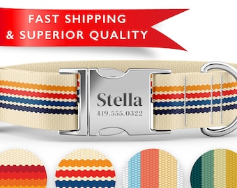 Stripe Dog Collars Personalized with Engraved Metal Buckle.  Matching leashes also available!  Unisex, boy, girl.  Available in many sizes.
