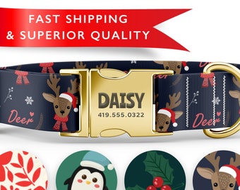 May include: A blue and white dog collar with a gold buckle and a reindeer pattern. The buckle has the name "DAISY" and the phone number "419.555.0322" engraved on it. The collar is shown with four different pattern options: red and white floral, green penguin, green holly, and blue reindeer.