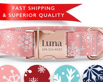 PINK Snowflake Christmas Dog Collar, Personalized Christmas Dog Collar with Name,  Sizes XS-XL and Matching Leash available