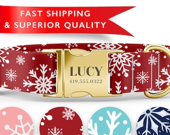 RED Snowflake Christmas Dog Collar, Personalized Christmas Dog Collar with Name,  Sizes XS-XL and Matching Leash available