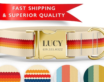 Stripe Dog Collars Personalized with Engraved Metal Buckle.  Matching leashes also available!  Unisex, boy, girl.  Available in many sizes.