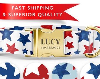 May include: White dog collar with a gold buckle and a red and blue star pattern. The buckle is engraved with the name "LUCY" and a phone number. The collar is shown with three different close-up views of the star pattern.