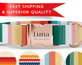 Stripe Dog Collars Personalized with Engraved Metal Buckle.  Martingale style available! Unisex, boy, girl.  Available in many sizes.