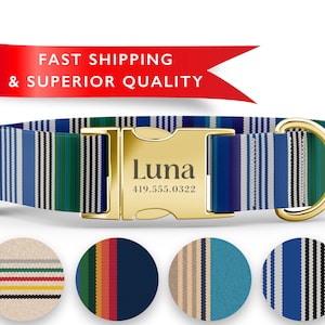 May include: A blue and white striped dog collar with a gold buckle. The buckle is engraved with the name "Luna" and a phone number. The collar is shown with five different color stripe options.