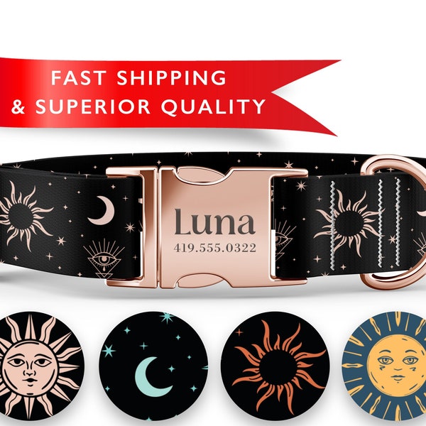 Sun and Moon Dog Collar with Engraved Name in Gold, Rose Gold, or Silver - Modern Dog Collar - Posh Puppy - Mix and Match Leash