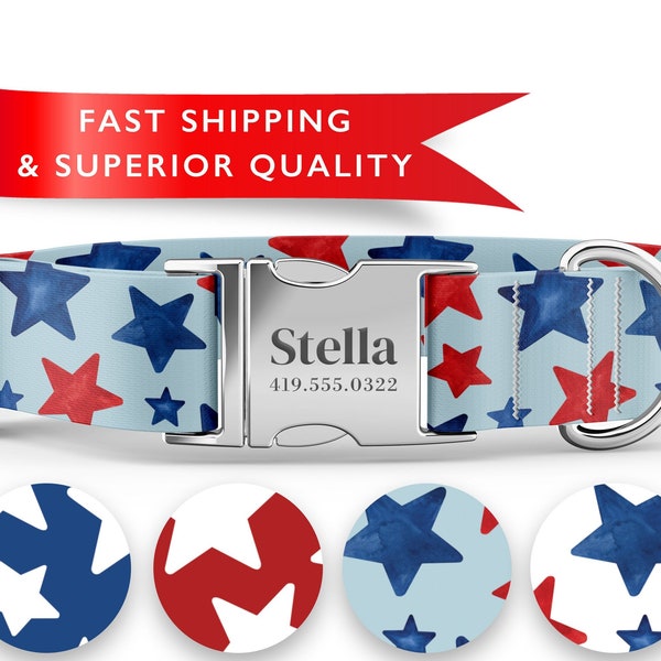 Patriotic Dog Collars Personalized with Name, 4th of July Dog Collars, American Flag, Red White and Blue Dog Collars, Boy Dog Collars