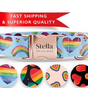 Rainbow Pride Dog Collar, Custom Dog Collar with Name, Funky Dog Collars Girl, Cute Dog Collars  Girl, Patterned Dog Collars, LGBTQ Collars