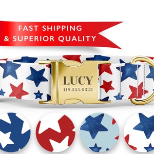 Patriotic Dog Collars Personalized with Name, 4th of July Dog Collars, American Flag, Red White and Blue Dog Collars, Boy Dog Collars