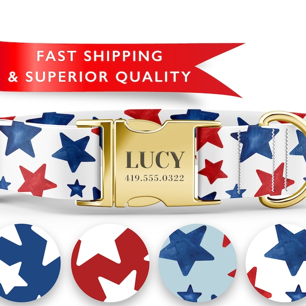 Patriotic Dog Collars Personalized with Name, 4th of July Dog Collars, American Flag, Red White and Blue Dog Collars, Boy Dog Collars