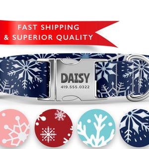 NAVY Snowflake Christmas Dog Collar, Personalized Christmas Dog Collar with Name,  Sizes XS-XL and Matching Leash available