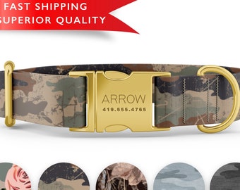 Camo Dog Collar Personalized, Custom Dog Collar with Name, Camo Print Dog Collar, Cute Girl Boy Dog Collars, Rose Gold Silver Buckle