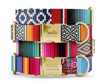 Mexican Serape Personalized Dog Collars, Custom Boy Dog Collars with Name, Hippie Boho Dog Collars