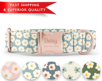 May include: A rose gold dog collar with a white and blue floral pattern. The collar has a rose gold buckle with the name "Daisy" and a phone number engraved on it. The image also shows five different floral patterns for the collar.