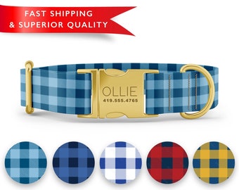 Plaid Dog Collars Personalized Dog Collars, Custom Dog Collar with Name, Engraved Metal Buckle Collars, Cute Dog Collars, Boy Dog Collars