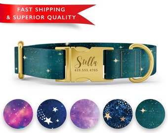 Galaxy Dog Collar Personalized, Custom Dog Collar with Name, Cosmo Print Dog Collar, Cute Girl Boy Dog Collars, Rose Gold Silver Buckle