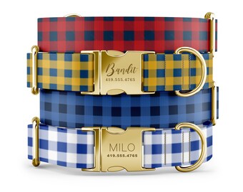 Gingham Plaid Dog Collar- Classic Checkered Pet Collar in Red, Blue, or Navy, Adjustable Personalized Collar with Matching Leash Available