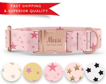 Girl Dog Collar with Stars, Custom Dog Collar with Name,  Cute Dog Collars, Patterned Dog Collars, Cute Collars, Adjustable, Sizes XS - XL