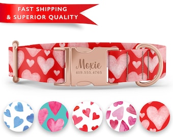 Valentines Dog Collars,  Watercolor Heart Dog Collar, Cute Girl Dog Collars, Personalized Dog Collar, Custom Dog Collar with Name,
