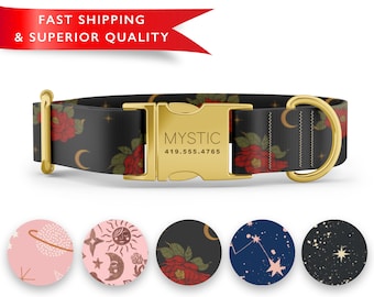 Witchy Magic Dog Collar Personalized, Custom Dog Collar with Name, Moon Print Dog Collar, Cute Girl Boy Dog Collars, Rose Gold Silver Buckle