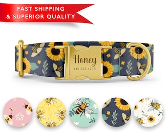 Bumble Bee Dog Collar Personalized, Custom Dog Collar with Name, Bee Print Dog Collar, Cute Girl Boy Dog Collars, Rose Gold Silver Buckle