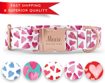 Valentines Dog Collars,  Watercolor Heart Dog Collar, Cute Girl Dog Collars, Personalized Dog Collar, Custom Dog Collar with Name,