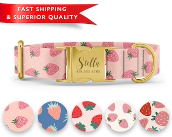 Strawberry Dog Collar Personalized, Custom Dog Collar with Name, Strawberry Print Dog Collar, Cute Girl Dog Collars, Rose Gold Silver Buckle