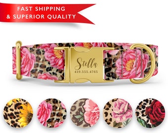 Leopard Flower Print Dog Collar, Personalized Custom Name
