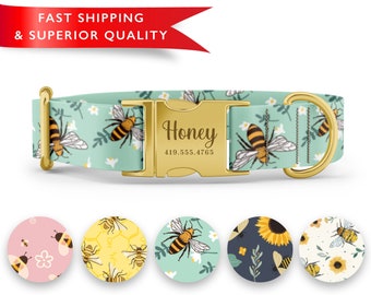 May include: A green dog collar with a gold buckle and a bee pattern. The buckle has the name "Honey" and a phone number engraved on it. The collar is shown with five different bee-themed patterns.