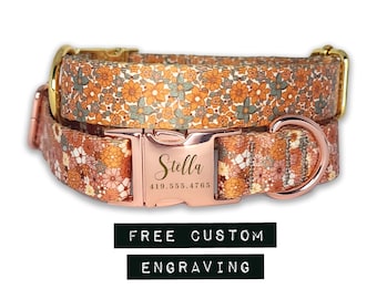 Dog Collar Girl, Flower & Pattern Custom Dog Collar, Personalized Dog Collar with Engraved Dog ID, Rose Gold Dog Collar, Kawaii Pattern